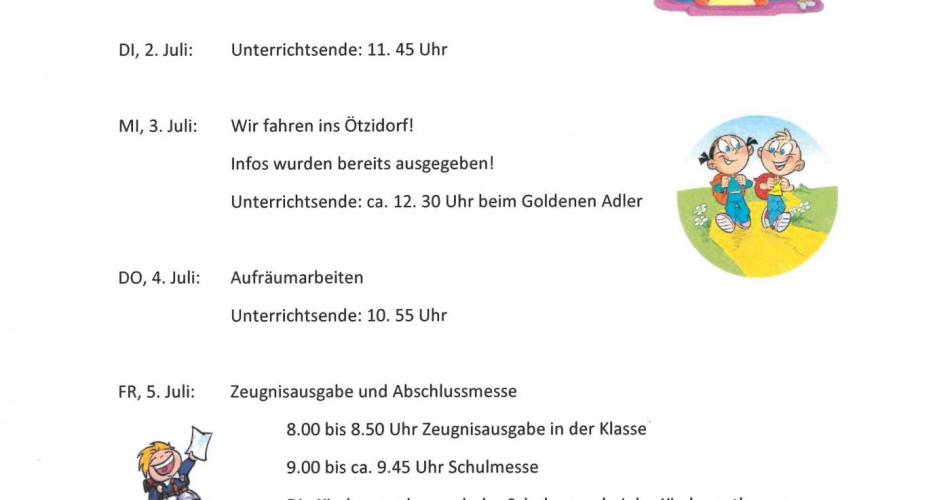 Programm für die letzte Schulwoche